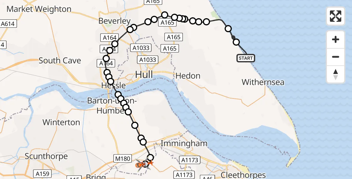 Flight route Coastguard Helicopter Roos - Humberside Airport, 07 July 2026, 14:35