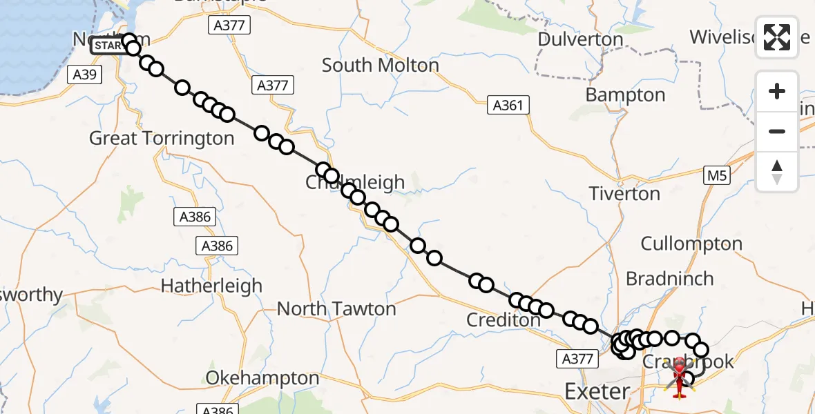 Flight route Air Ambulance Helicopter Northam - Exeter International Airport, 07 July 2026, 14:37