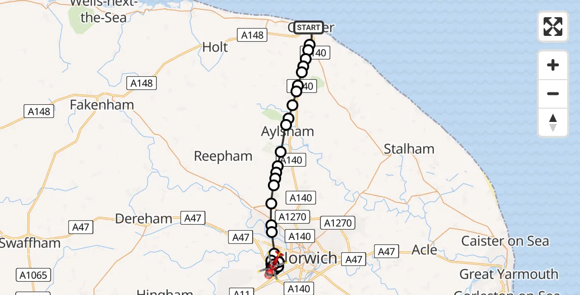 Flight route Air Ambulance Helicopter Cromer - Norfolk & Norwich Hospital, 07 July 2026, 14:37