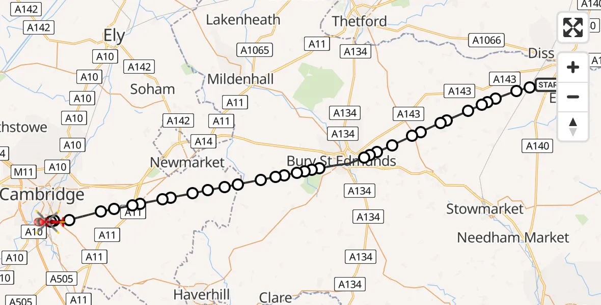 Flight route Air Ambulance Helicopter Thrandeston - Papworth Hospital, 07 July 2026, 14:55