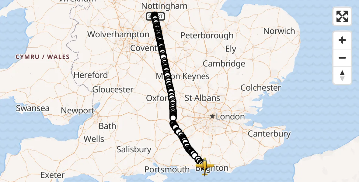 Flight route Police Aircraft East Midlands Airport - Brighton City Airport, 07 July 2026, 14:57