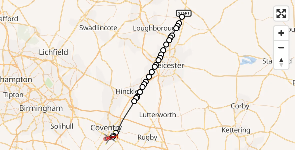 Flight route Air Ambulance Helicopter Willoughby on the Wolds - Coventry Airport, 07 July 2026, 15:02