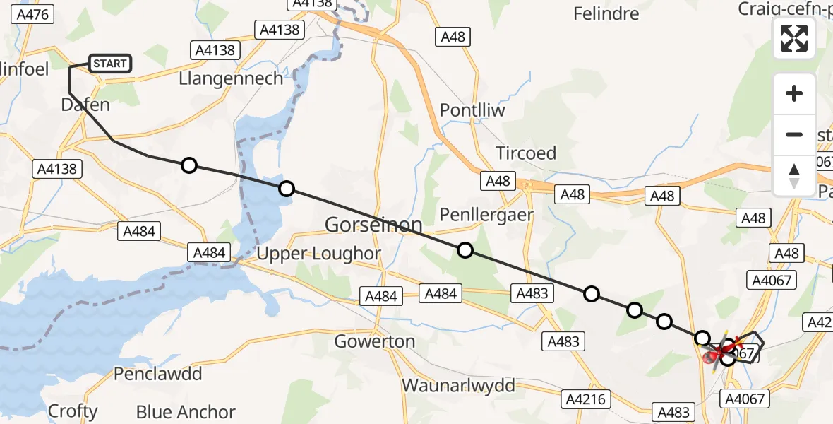 Flight route Air Ambulance Helicopter Dafen - Waun-Gron, 07 July 2026, 15:03