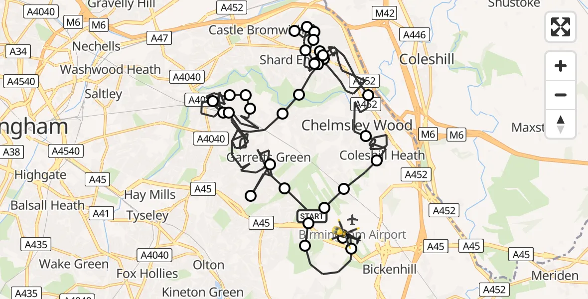 Flight route Police Helicopter Birmingham Airport - Birmingham Airport, 07 July 2026, 15:06