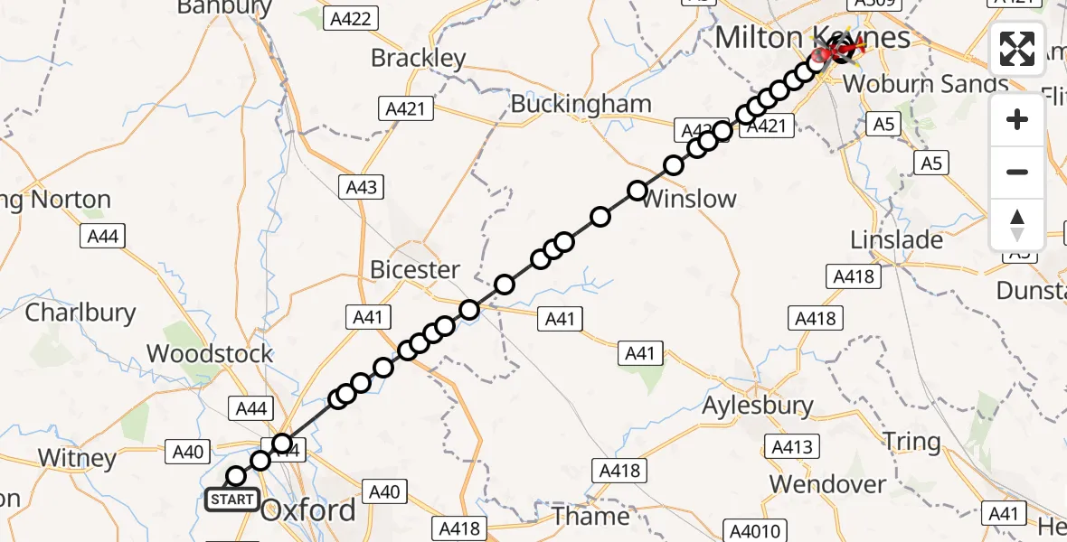 Flight route Air Ambulance Helicopter Cumnor - Springfield, 07 July 2026, 15:21