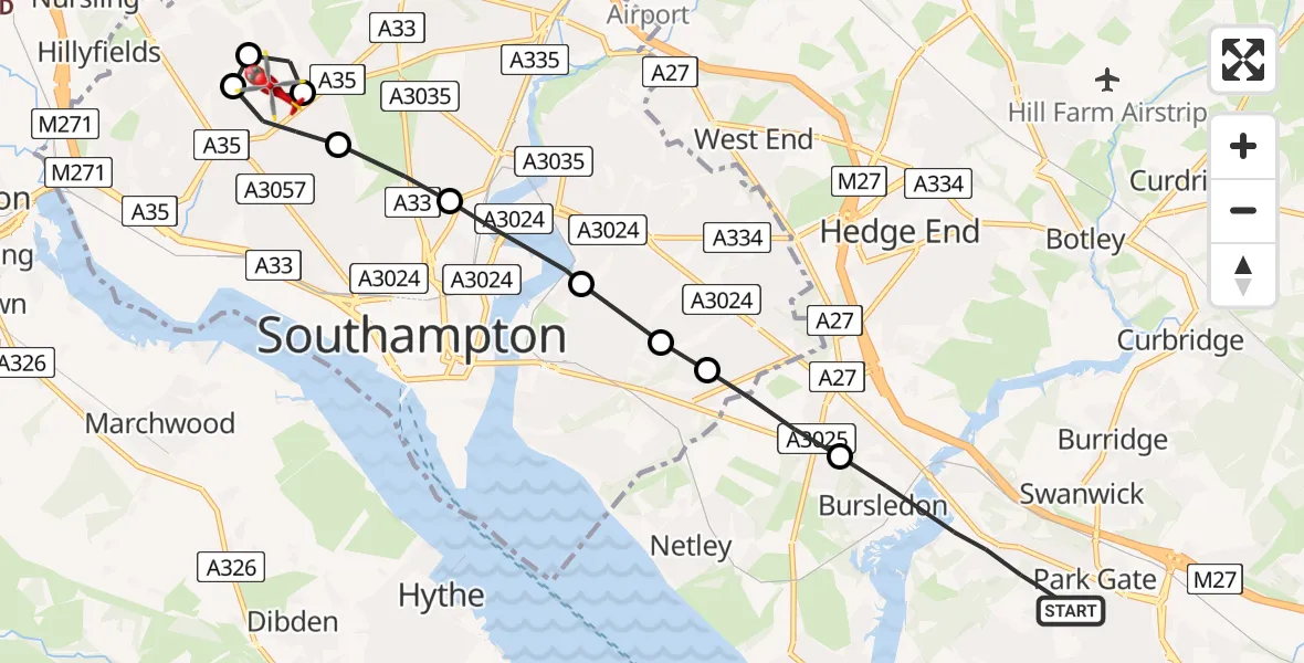 Flight route Air Ambulance Helicopter Fareham - University Hospital Southampton, 07 July 2026, 15:25