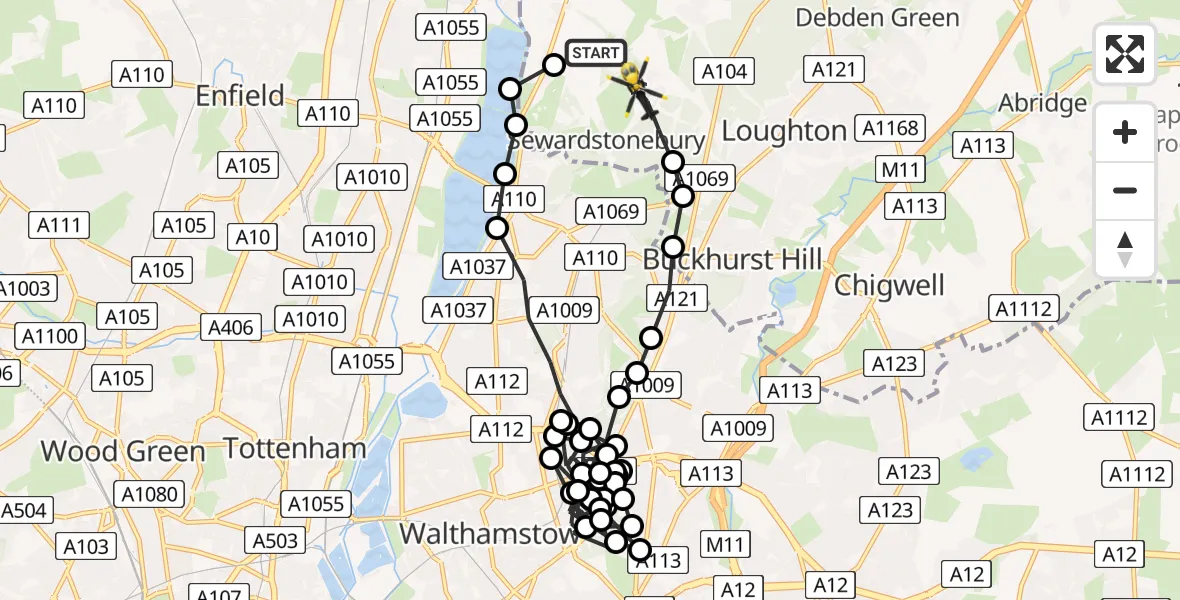 Flight route Police Helicopter Sewardstonebury - Metropolitan Police Air Support Unit Lippitts Hill, 07 July 2026, 15:30