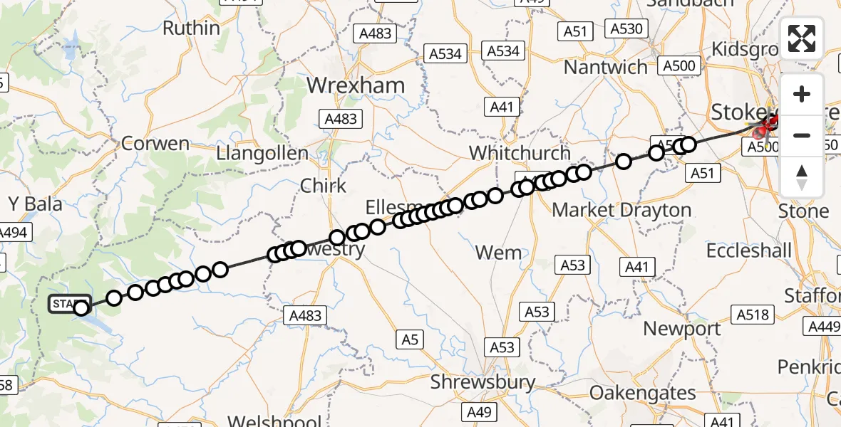 Flight route Air Ambulance Helicopter Llyn Llanwddyn / Lake Vyrnwy - University Hospital North Staffs, 07 July 2026, 15:32