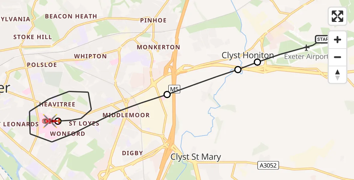 Flight route Air Ambulance Helicopter Exeter International Airport - Royal Devon & Exeter Hospital, 07 July 2026, 15:48