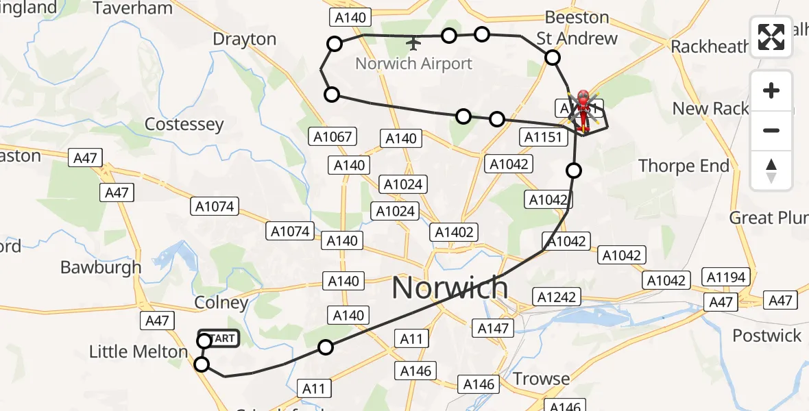 Flight route Air Ambulance Helicopter Norfolk & Norwich Hospital - Broadland, 07 July 2026, 15:50