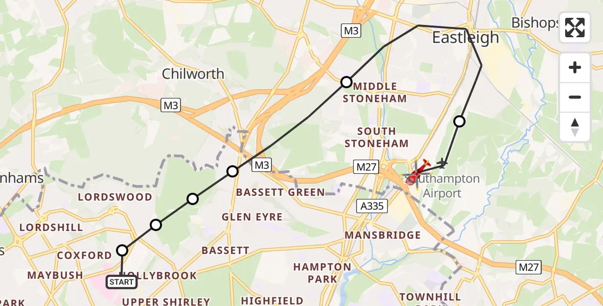 Flight route Air Ambulance Helicopter University Hospital Southampton - Southampton Airport, 07 July 2026, 15:53