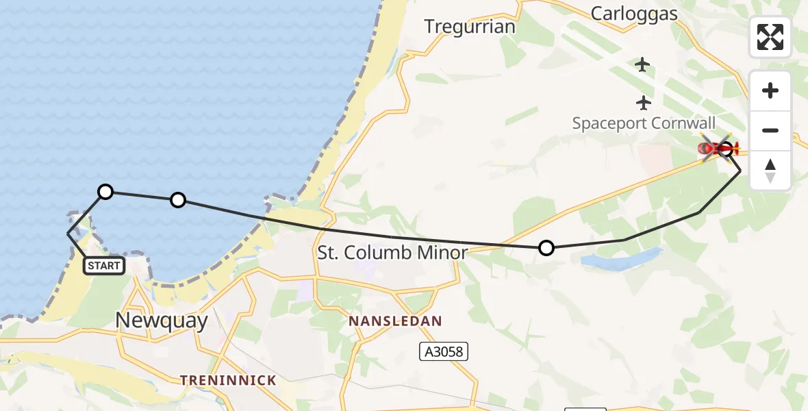 Flight route Air Ambulance Helicopter Newquay - Cornwall Airport Newquay, 07 July 2026, 16:02