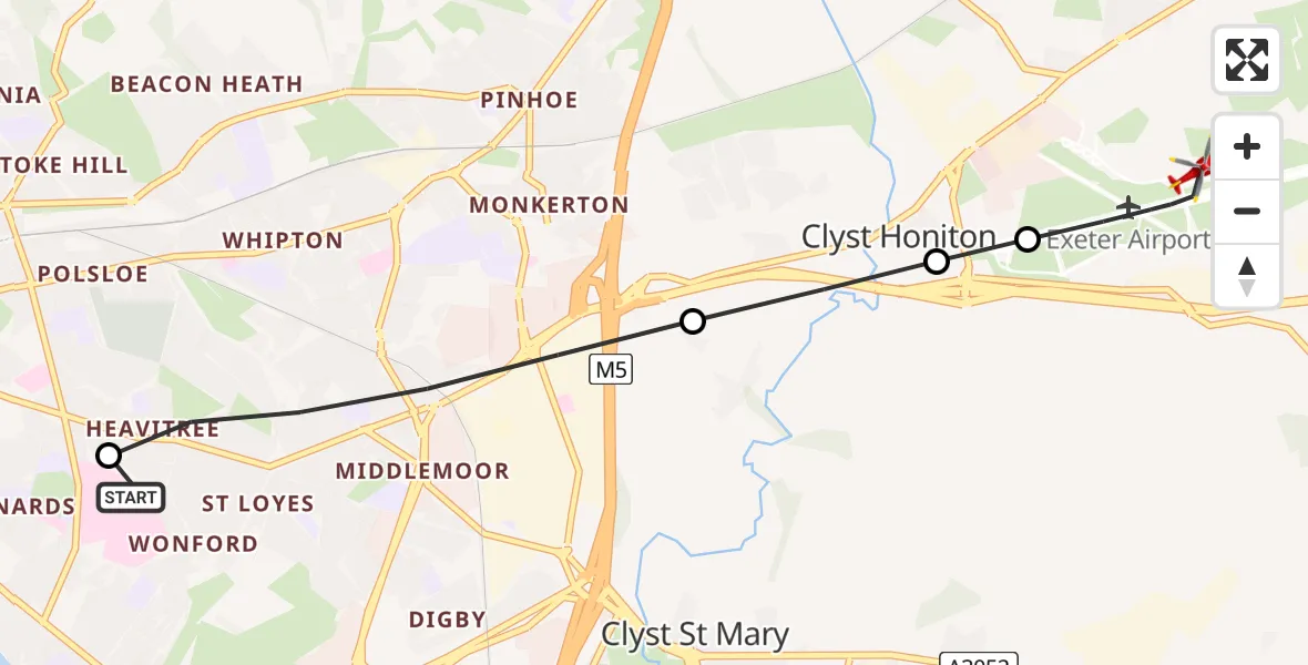 Flight route Air Ambulance Helicopter Royal Devon & Exeter Hospital - Exeter International Airport, 07 July 2026, 16:03