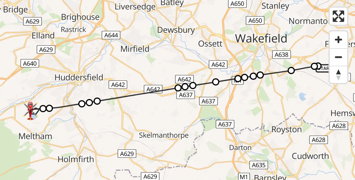 Flight route Air Ambulance Helicopter YAA Nostell Helicopter Port - Linthwaite, 07 July 2026, 16:15