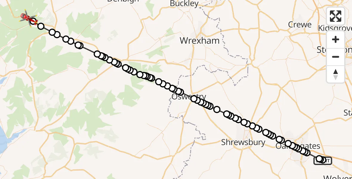Flight route Air Ambulance Helicopter RAF Cosford - Capel Curig, 07 July 2026, 16:16
