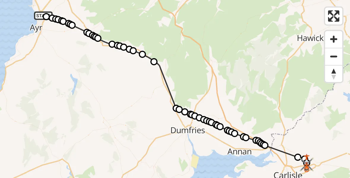 Flight route Coastguard Helicopter Glasgow Prestwick Airport - Carlisle Lake District Airport, 07 July 2026, 16:18