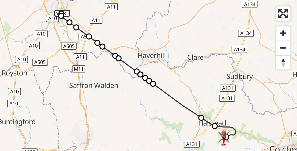 Flight route Air Ambulance Helicopter Papworth Hospital - Earls Colne Airfield, 07 July 2026, 16:24