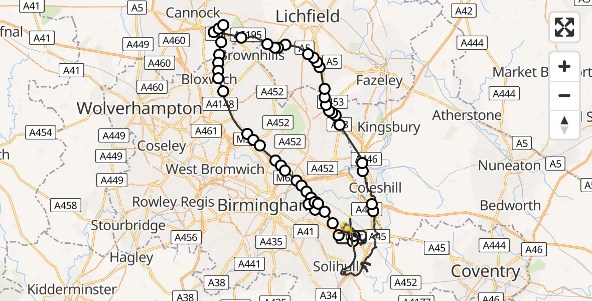 Flight route Police Helicopter Birmingham Airport - Birmingham Airport, 07 July 2026, 16:27