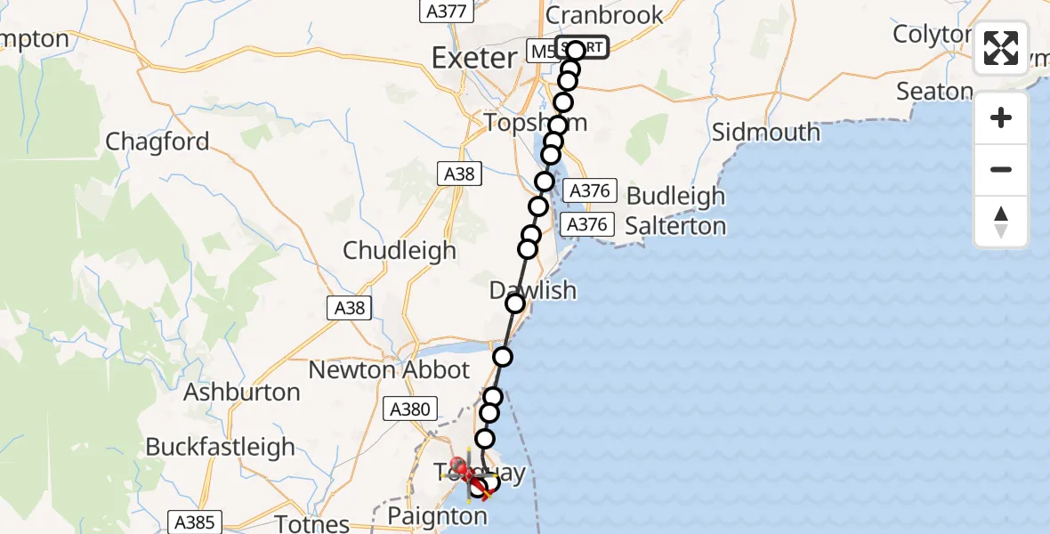 Flight route Air Ambulance Helicopter Exeter International Airport - Torquay, 07 July 2026, 16:29