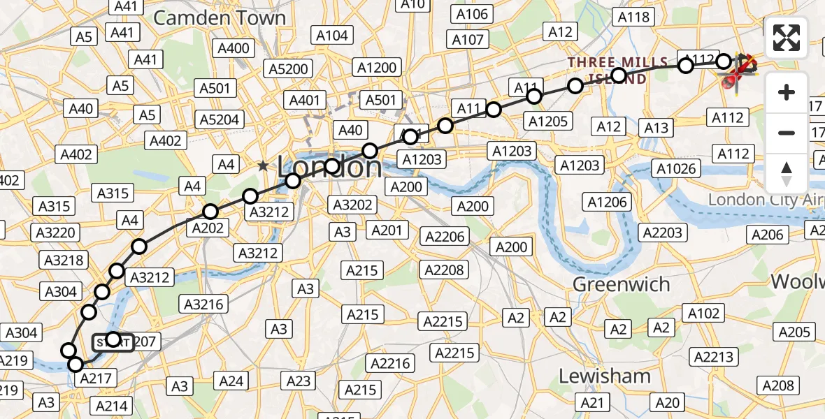 Flight route Air Ambulance Helicopter London Heliport - Plashet, 07 July 2026, 16:35