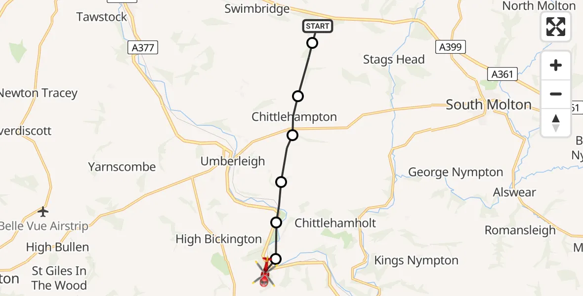 Flight route Air Ambulance Helicopter Swimbridge - North Devon, 07 July 2026, 16:34