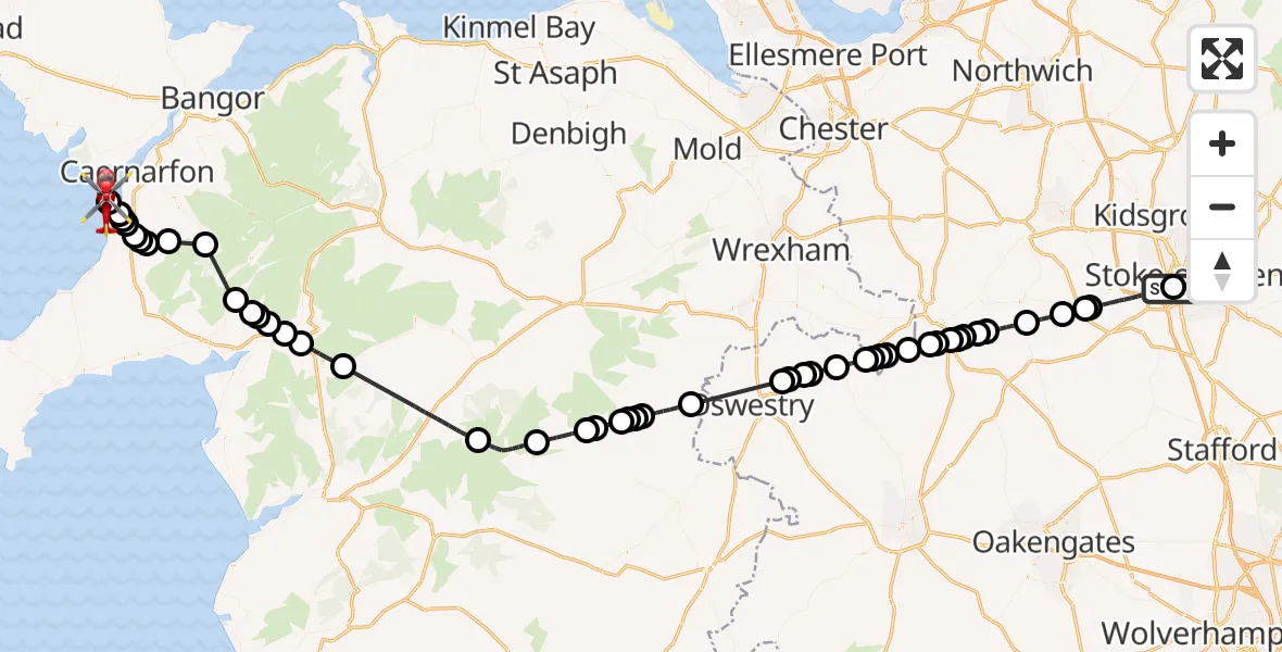 Flight route Air Ambulance Helicopter University Hospital North Staffs - Caernarfon Airport, 07 July 2026, 16:37