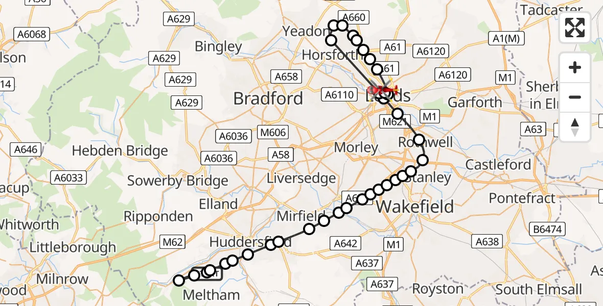 Flight route Air Ambulance Helicopter Slaithwaite - Woodhouse, 07 July 2026, 16:50