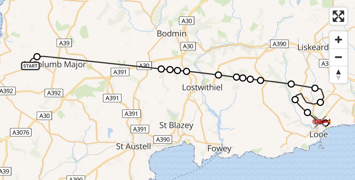 Flight route Air Ambulance Helicopter Cornwall Airport Newquay - Looe, 07 July 2026, 16:51