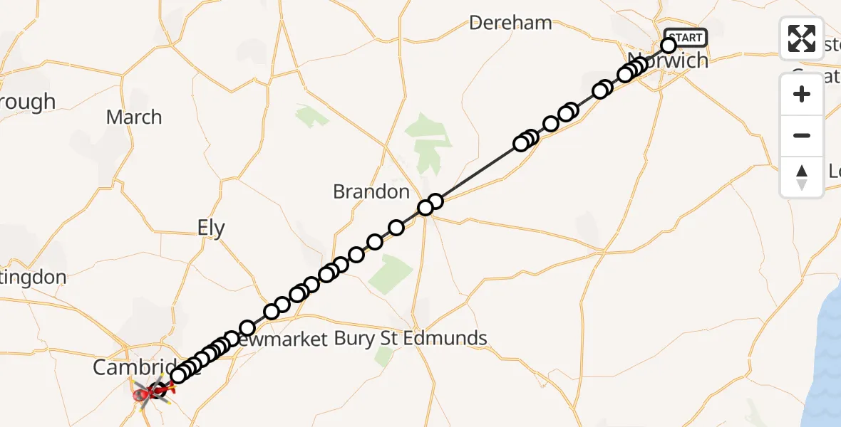 Flight route Air Ambulance Helicopter Broadland - Papworth Hospital, 07 July 2026, 16:55