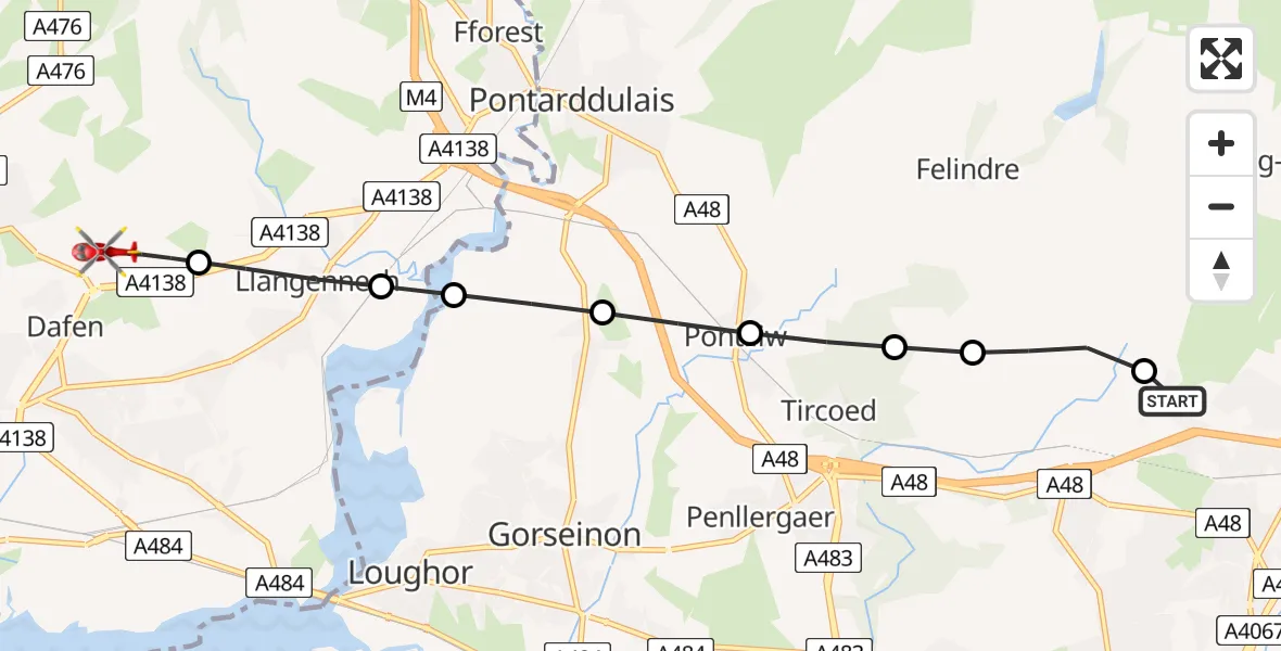 Flight route Air Ambulance Helicopter Morriston Hospital Helipad - Dafen, 07 July 2026, 16:59