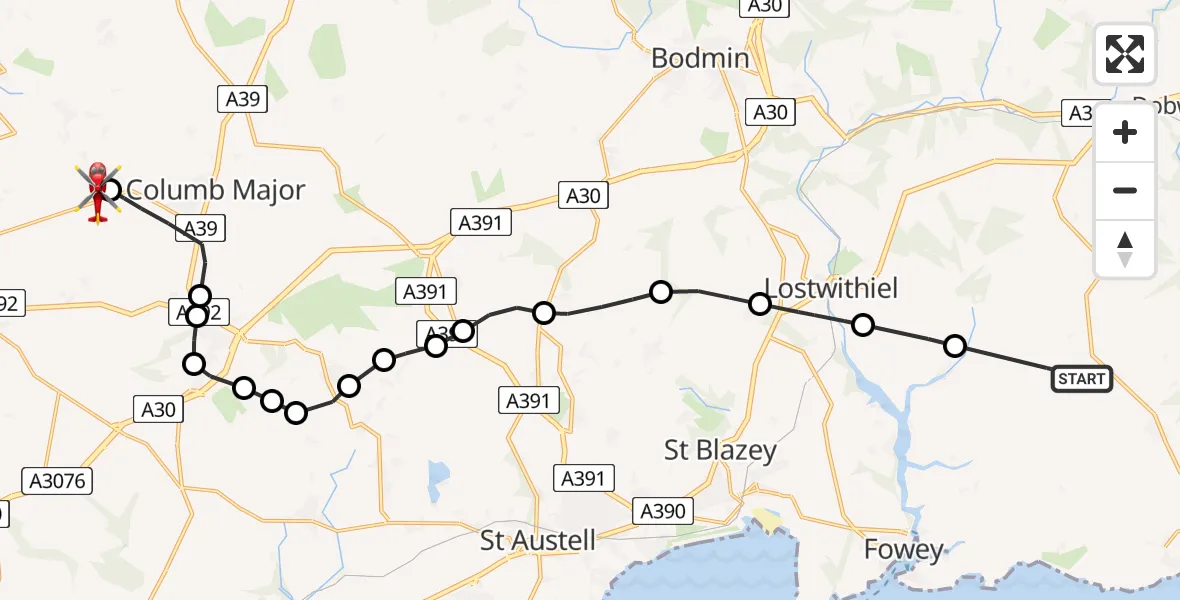 Flight route Air Ambulance Helicopter Lanreath - Cornwall Airport Newquay, 07 July 2026, 17:09