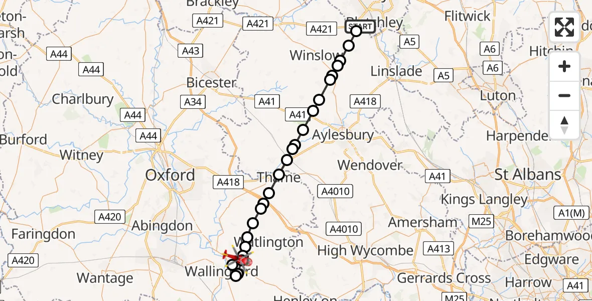 Flight route Air Ambulance Helicopter Bletchley - RAF Benson, 07 July 2026, 17:09
