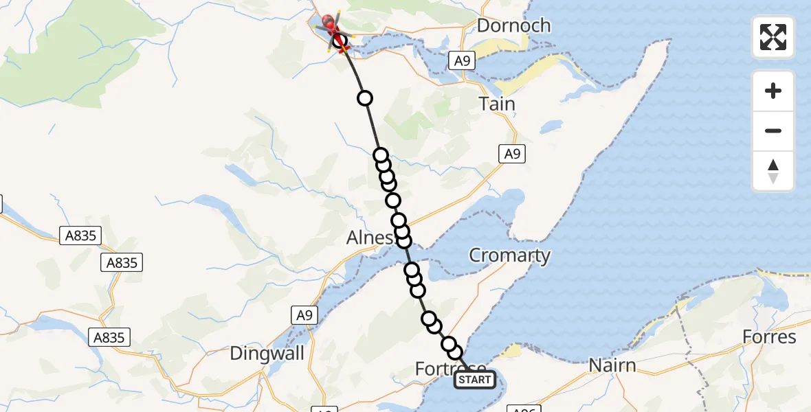 Flight route Air Ambulance Helicopter Fortrose - Spinningdale, 07 July 2026, 17:09