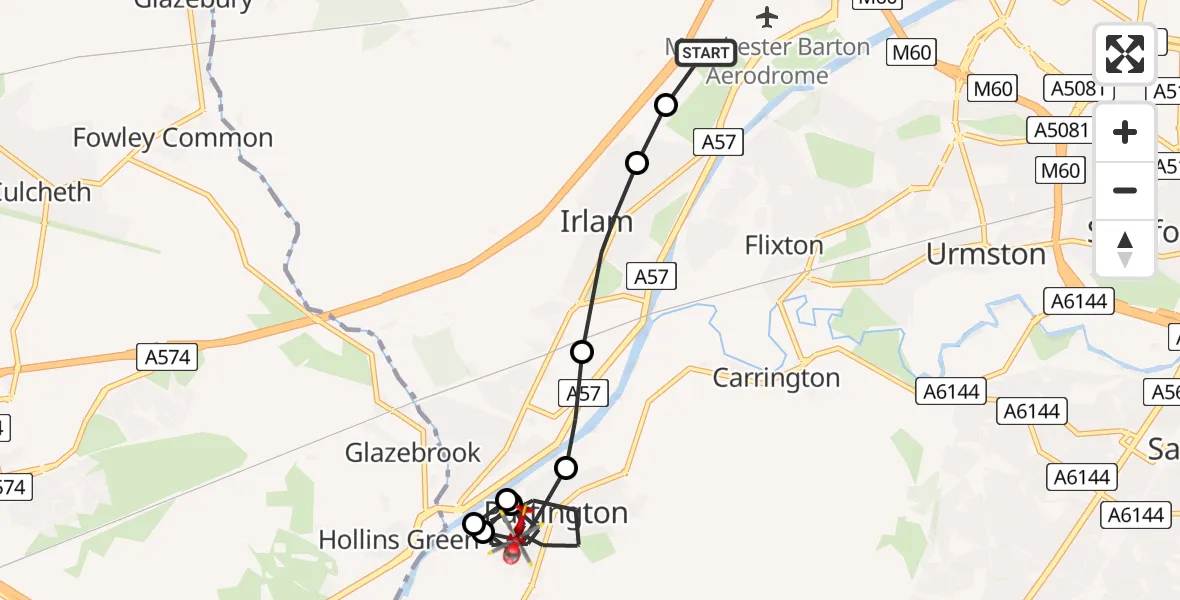 Flight route Air Ambulance Helicopter Eccles - Partington, 07 July 2026, 17:11