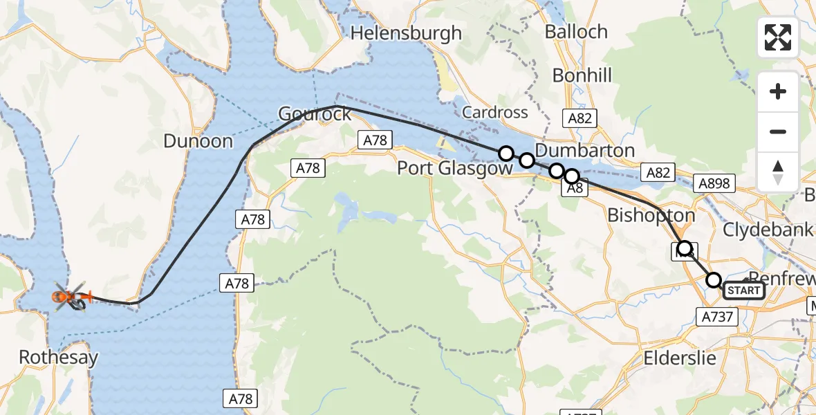 Flight route Coastguard Helicopter Glasgow Airport - Inner Seas, 07 July 2026, 17:13