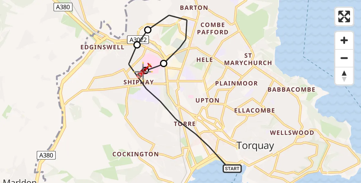 Flight route Air Ambulance Helicopter Torquay - Torquay, 07 July 2026, 17:25