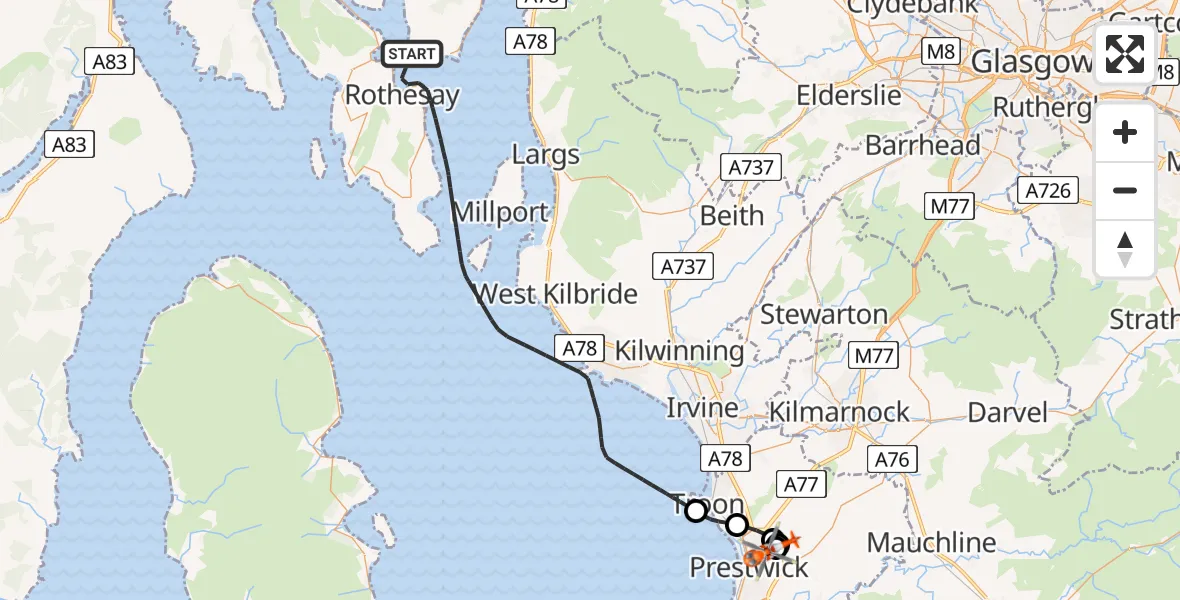 Flight route Coastguard Helicopter Inner Seas - Glasgow Prestwick Airport, 07 July 2026, 17:36