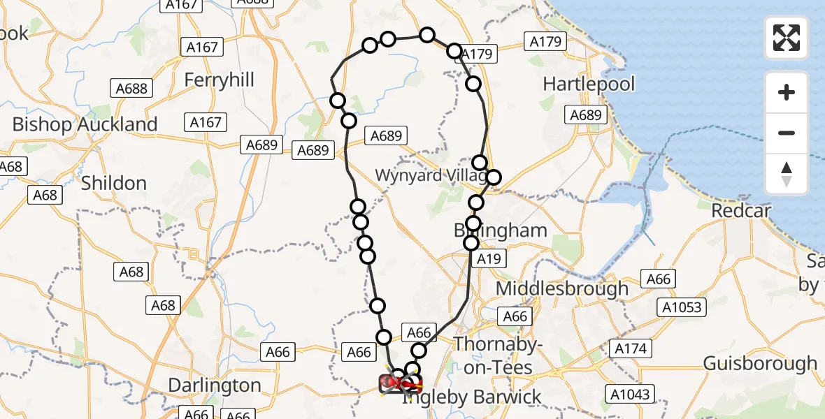Flight route Air Ambulance Helicopter Egglescliffe - Longnewton, 07 July 2026, 17:36