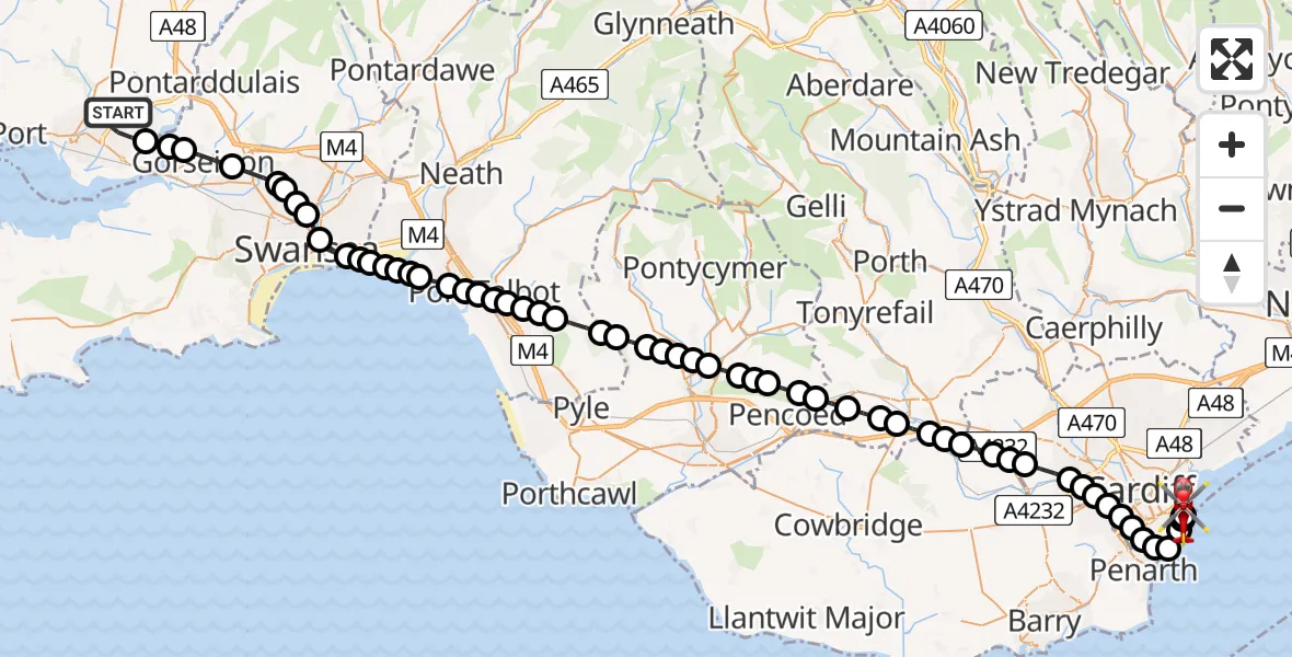 Flight route Air Ambulance Helicopter Dafen - Cardiff Heliport, 07 July 2026, 17:36