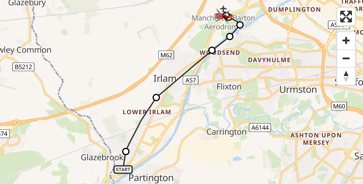 Flight route Air Ambulance Helicopter Cadishead - Manchester Barton Aerodrome, 07 July 2026, 17:38