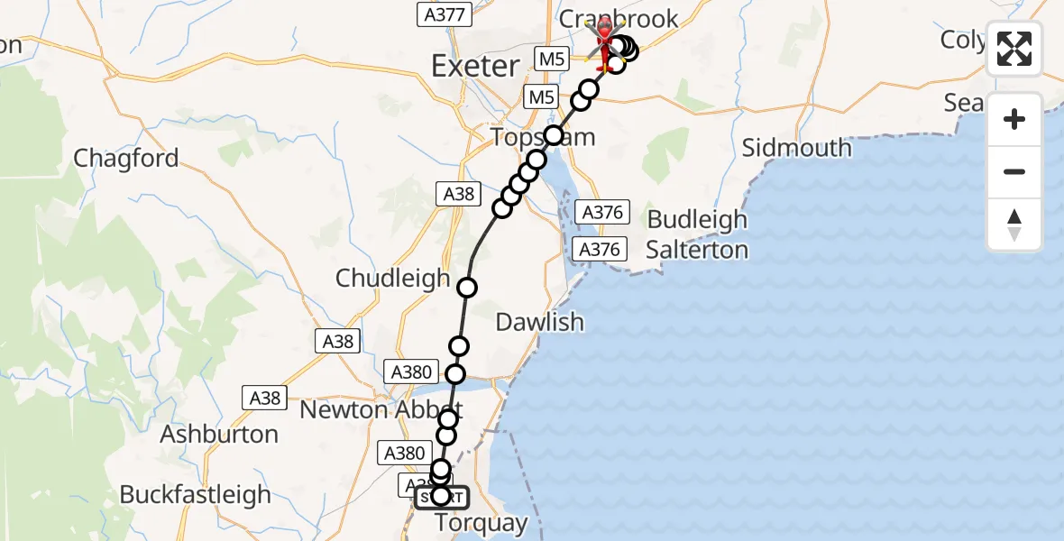 Flight route Air Ambulance Helicopter Torbay Hospital - Exeter International Airport, 07 July 2026, 17:46