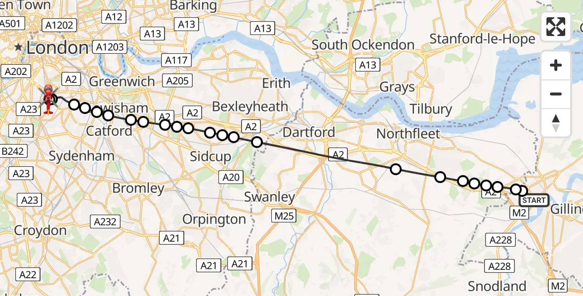 Flight route Air Ambulance Helicopter Strood - Kings College London Hospital, 07 July 2026, 17:46