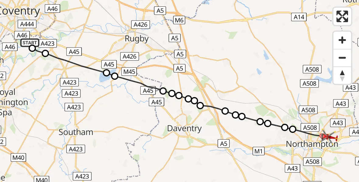 Flight route Air Ambulance Helicopter Coventry Airport - Northampton, 07 July 2026, 17:51