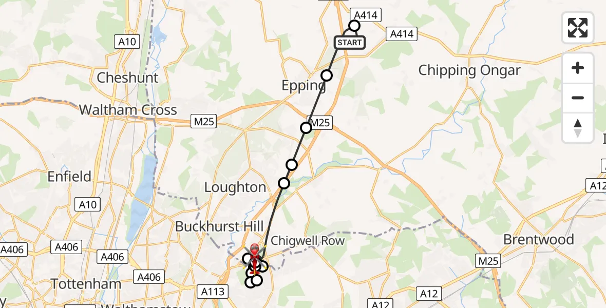 Flight route Air Ambulance Helicopter North Weald Airfield - Chigwell, 07 July 2026, 17:50