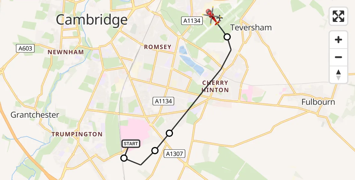 Flight route Air Ambulance Helicopter Papworth Hospital - Cambridge City Airport, 07 July 2026, 17:53
