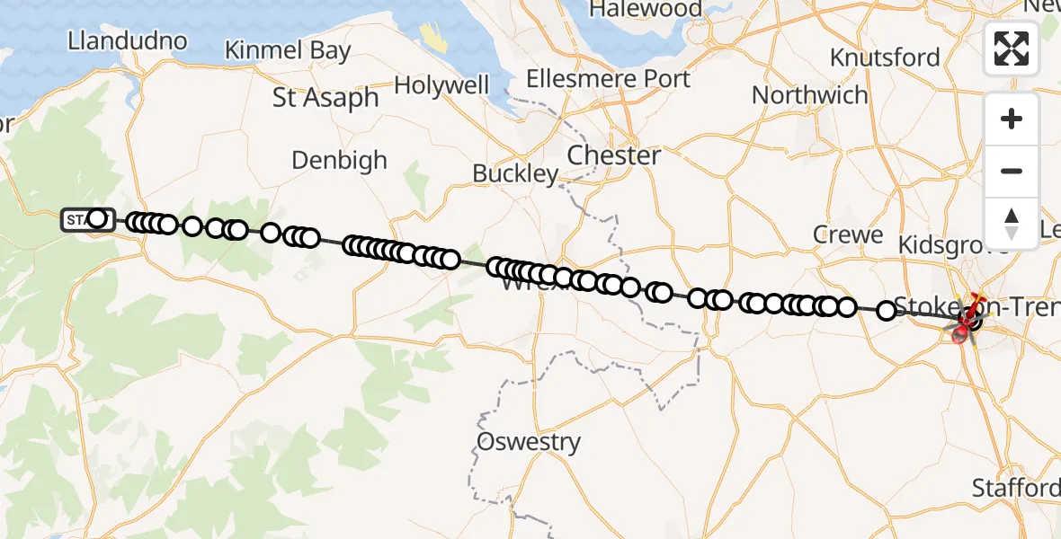Flight route Air Ambulance Helicopter Trefriw - University Hospital North Staffs, 07 July 2026, 17:54