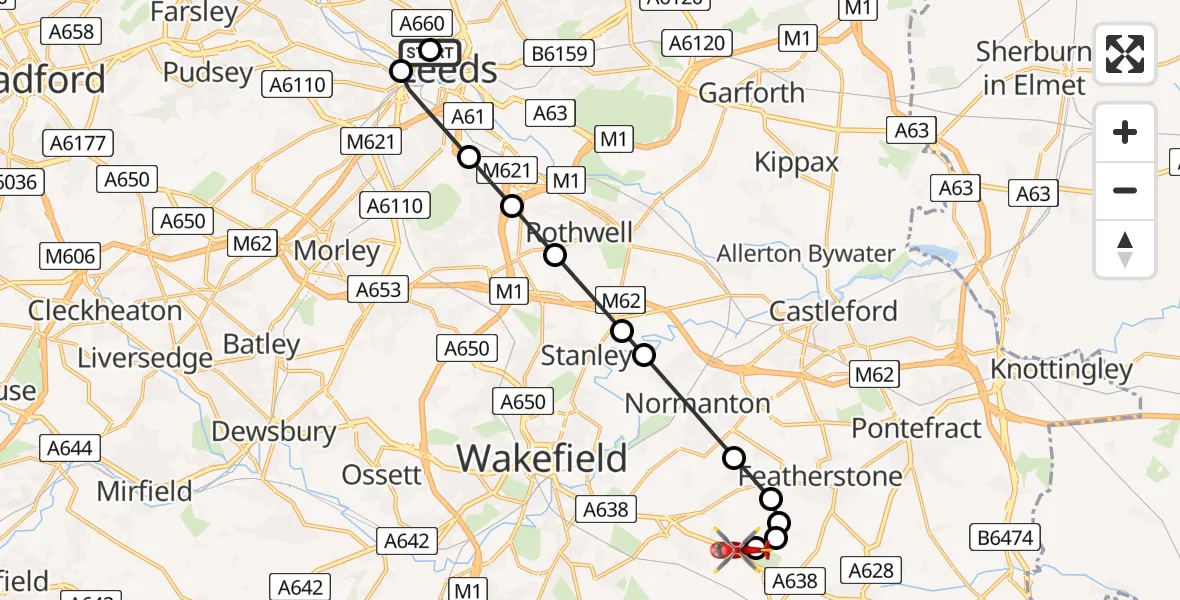 Flight route Air Ambulance Helicopter Woodhouse - YAA Nostell Helicopter Port, 07 July 2026, 17:54