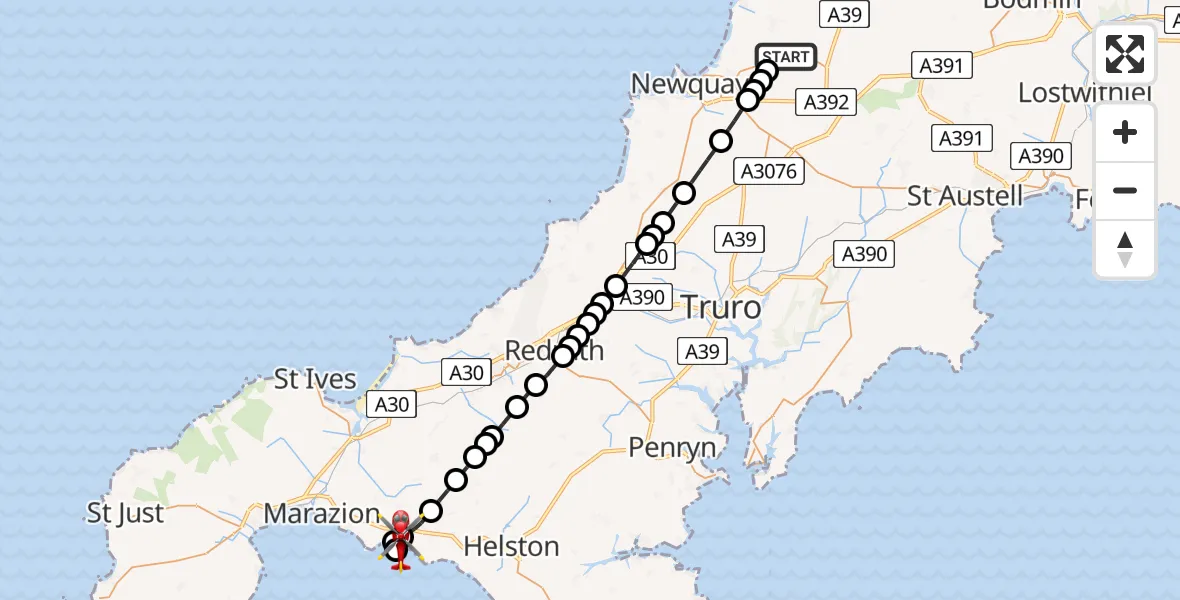 Flight route Air Ambulance Helicopter Cornwall Airport Newquay - Praa Sands, 07 July 2026, 17:58