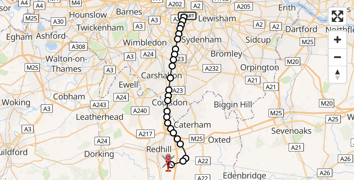 Flight route Air Ambulance Helicopter Kings College London Hospital - Redhill Aerodrome, 07 July 2026, 18:22