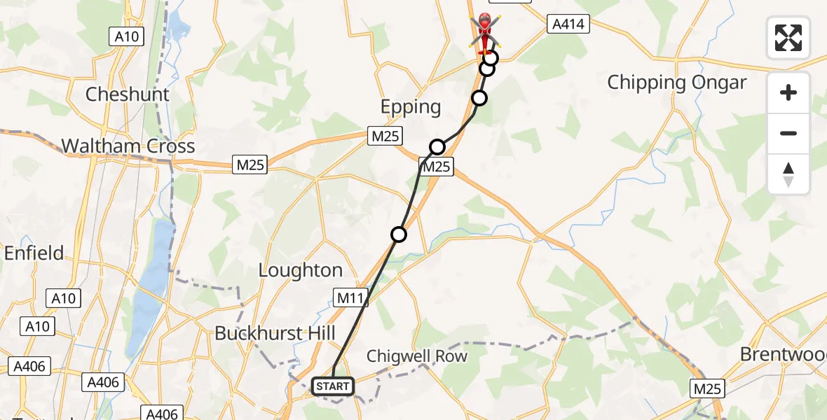 Flight route Air Ambulance Helicopter Chigwell - North Weald Airfield, 07 July 2026, 18:31